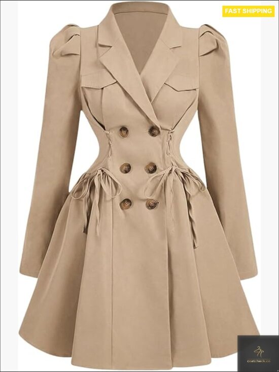 Jackets & Blazers - Trench Coat Lapel Double Breasted Puff Long Sleeve A-Line Jacket Outerwear